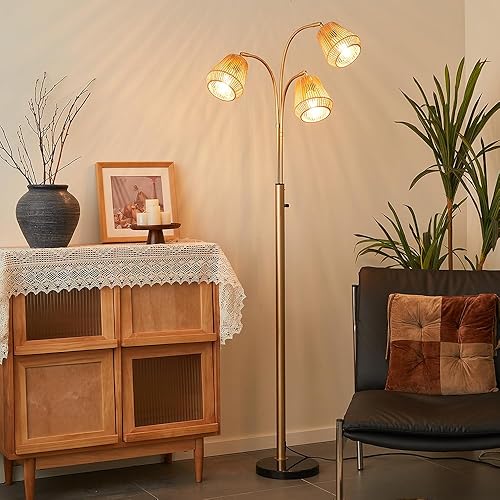 Miniatura 5 de Lámpara de pie de ratán dorado para sala de estar, lámpara de pie bohemia de 72 pulgadas de alto con interruptor giratorio, lámpara de arco de 3