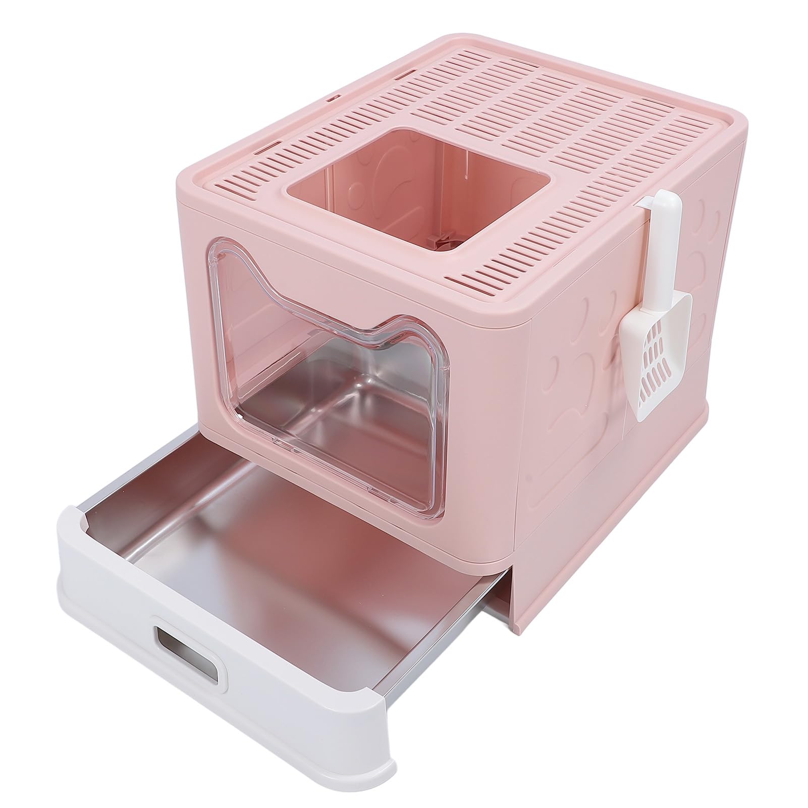 Enclosed Cat Litter Box with Lid and Scoop, Stainless Steel Litter Box, Large Cat Toilet, Drawer Type Pet Litter Tray Pan, Anti Leakage, Easy To Install (Peach Pink)