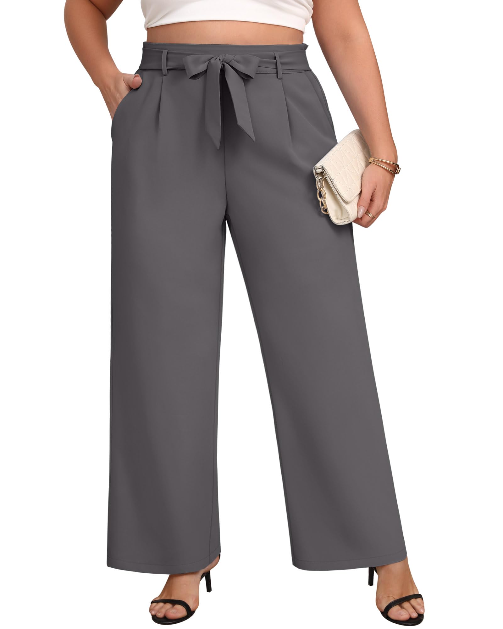 Evervibe Women's Plus Size Wide Leg Dress Pants High Waist Palazzo Adjustable Knot Casual Business Trousers with Pockets