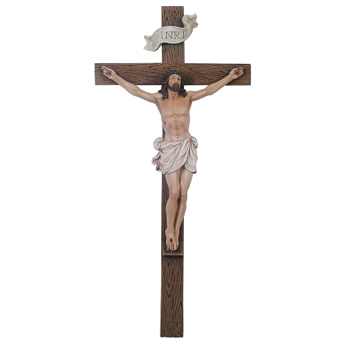Grace4Joy Crucifix Wall Cross, 15 Inches Jesus Cross for Wall Catholic Home Decor, Hand Painted Crucifix Religious Housewarming Gifts Renaissance Collection - Realistic-15IN