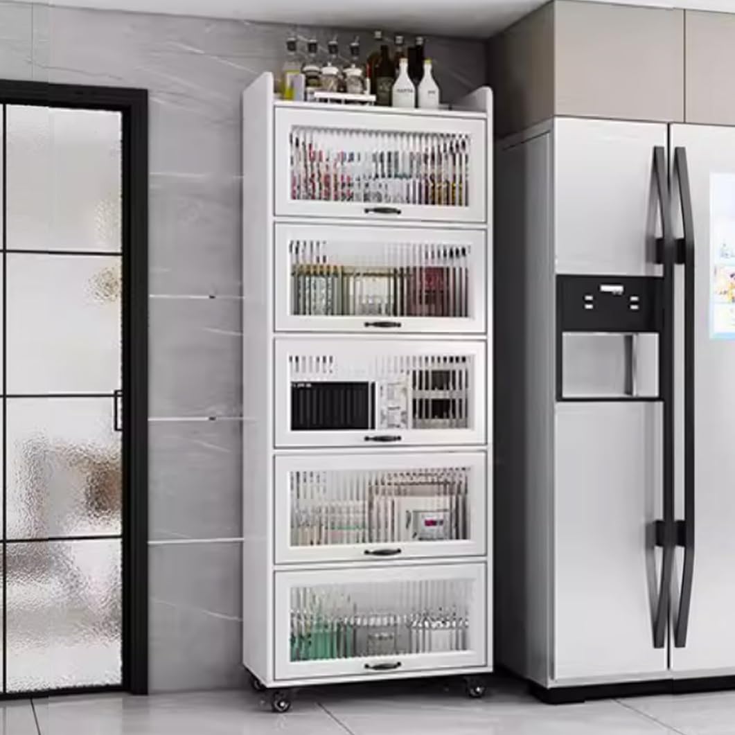 YVYKFZD Rolling Spice Rack, Slim Storage Cart, Mobile Kitchen Utility Cart with Wheels and Tempered Glass Doors, Narrow Standing Shelf, Space Saving Bathroom Organizer(White,6 Tier 15.7"x13.7"x80.1")