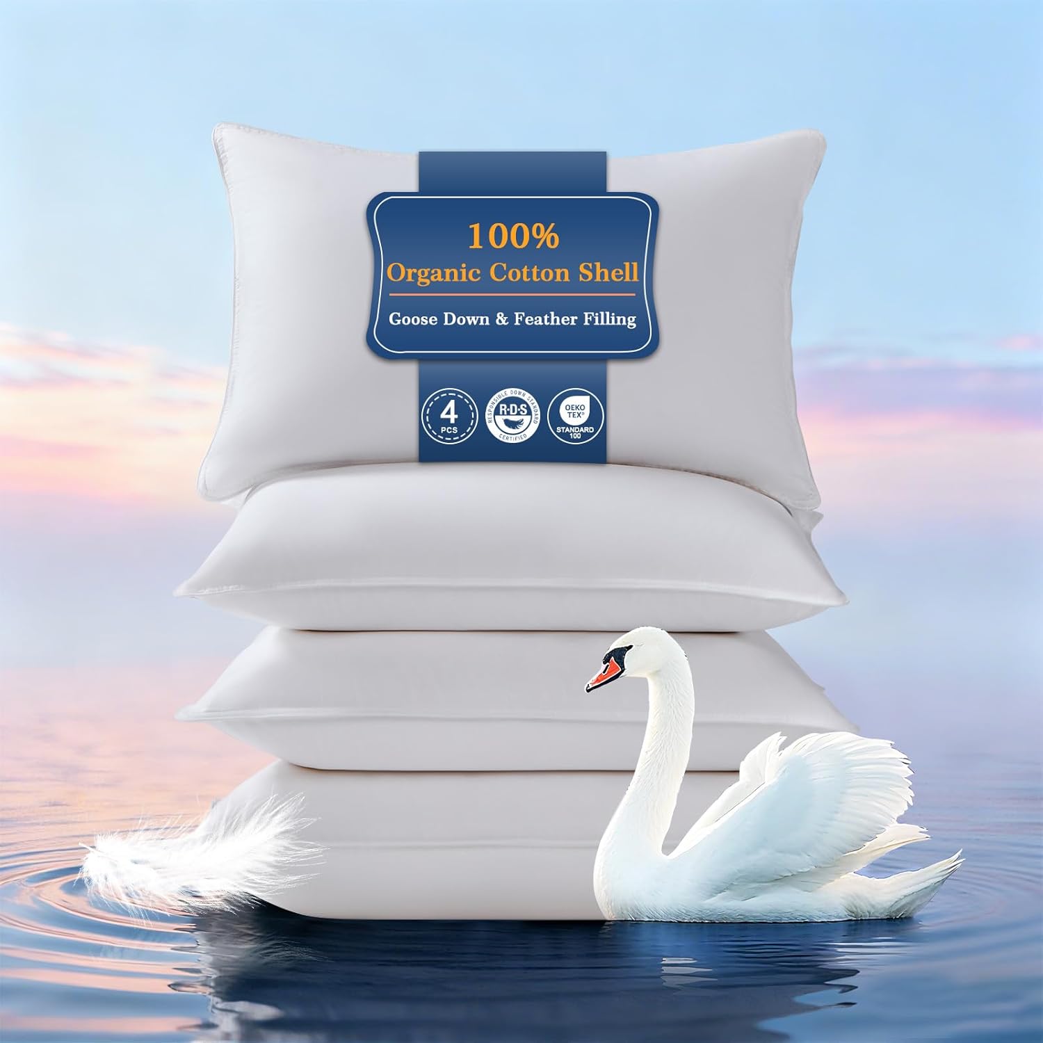 Goose Down Pillows Standard Size Set of 4, Hotel Pillow for Bed Sleeping 4 Pack, 900 Fill Power Goose Feather Pillows with 700 TC 100% Organic Cotton Shell for Side Back Stomach Sleepers, 18"x26"