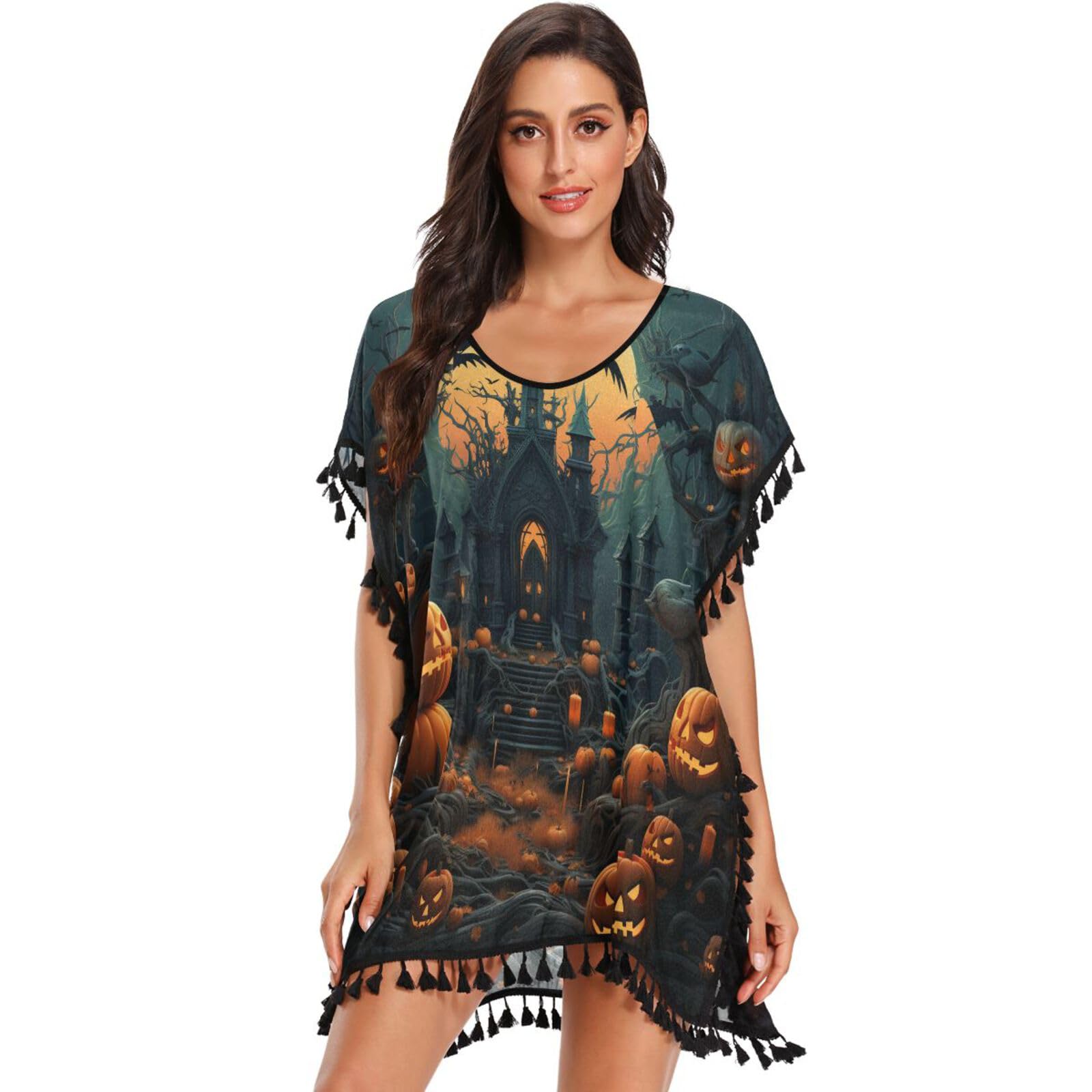 Halloween Pumpkin Scary Women's Beach Cover Up Chiffon Tassel Swimwear Swimsuit Coverups for Girl