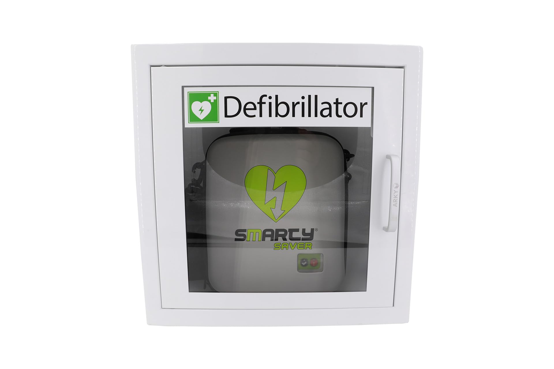 AED Defibrillator SET SMARTY SAVER, vollautom. Auslösung, Umschalter Erwachsene-Kinder, Kombi-Elektroden mit Metall-Wandkasten und AED - Standortwinkel