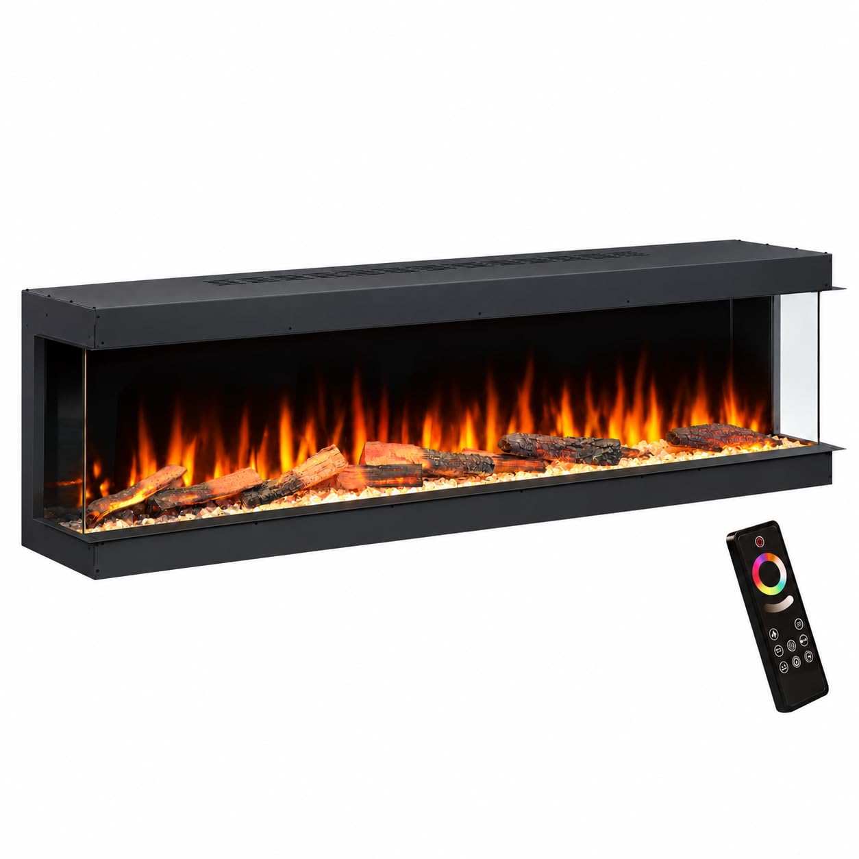 Endeavour Fires Deluxe Rosedale 70'' 3-Sided Media Wall Electric Fireplace | Smart Wi-Fi App & Remote, Crackling Fire Sound, LED Logs, Multi-Colour Flame Effect, Black Reflective Mirror, 1.5kW Heater