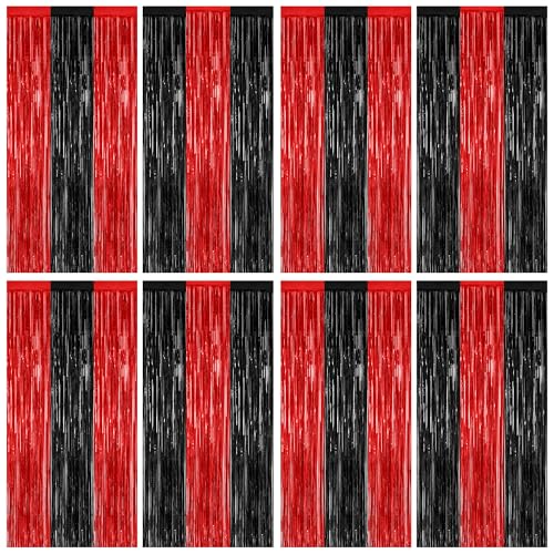 Image of ZATAYE 8 Pack Black Red Halloween Foil Curtain Streamer Decorations | Black Red, Metallic Foil, 3.28 x 7.05 FT, Tinsel Backdrop, Foil Curtain Streamer, Halloween Party