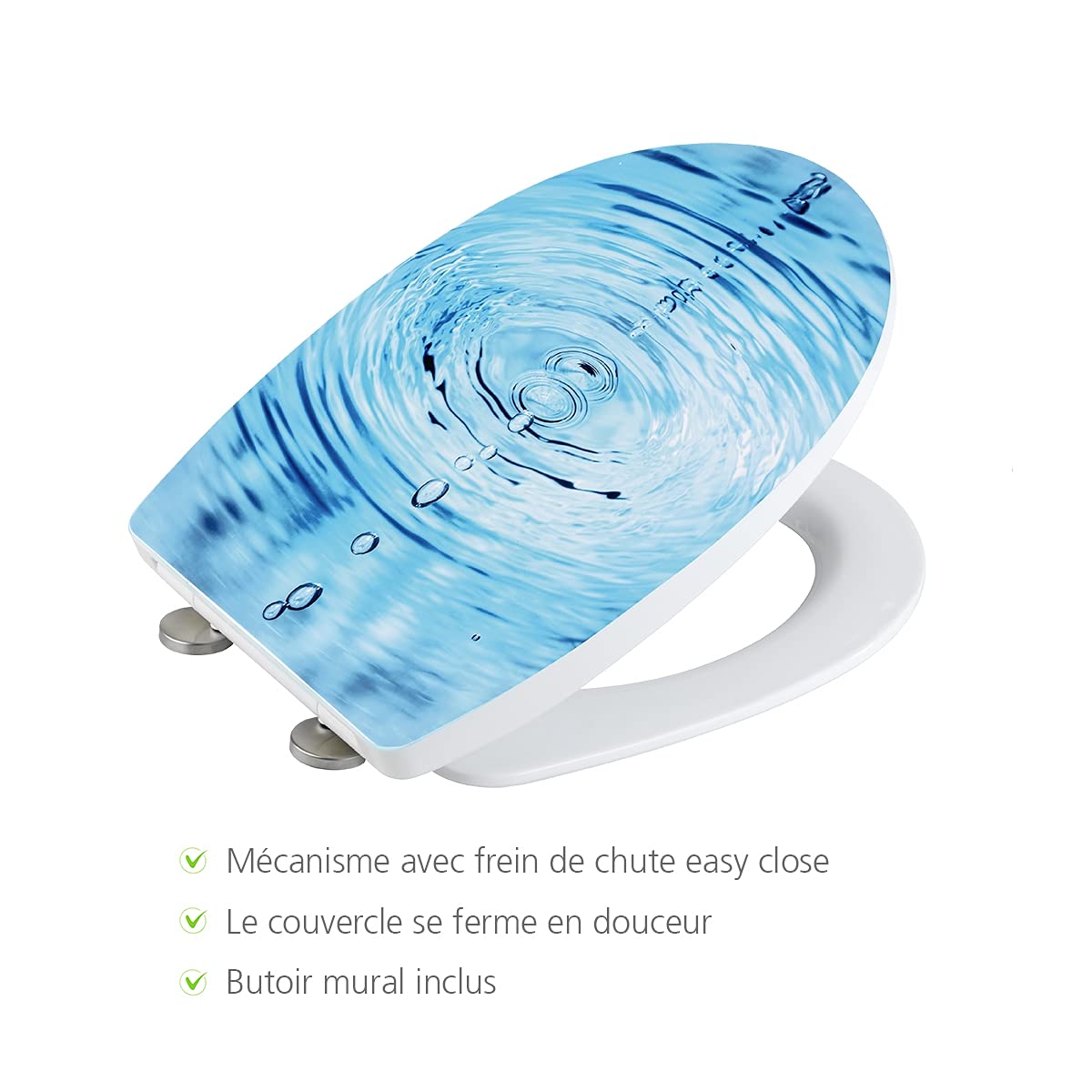 WENKO Abattant WC Original Goutte d'eau | Abattant WC avec Frein de Chute | Fixation Simple et Rapide en INOX Flix-Clip | Duroplast | 46,5X38,5x6 cm | Bleu