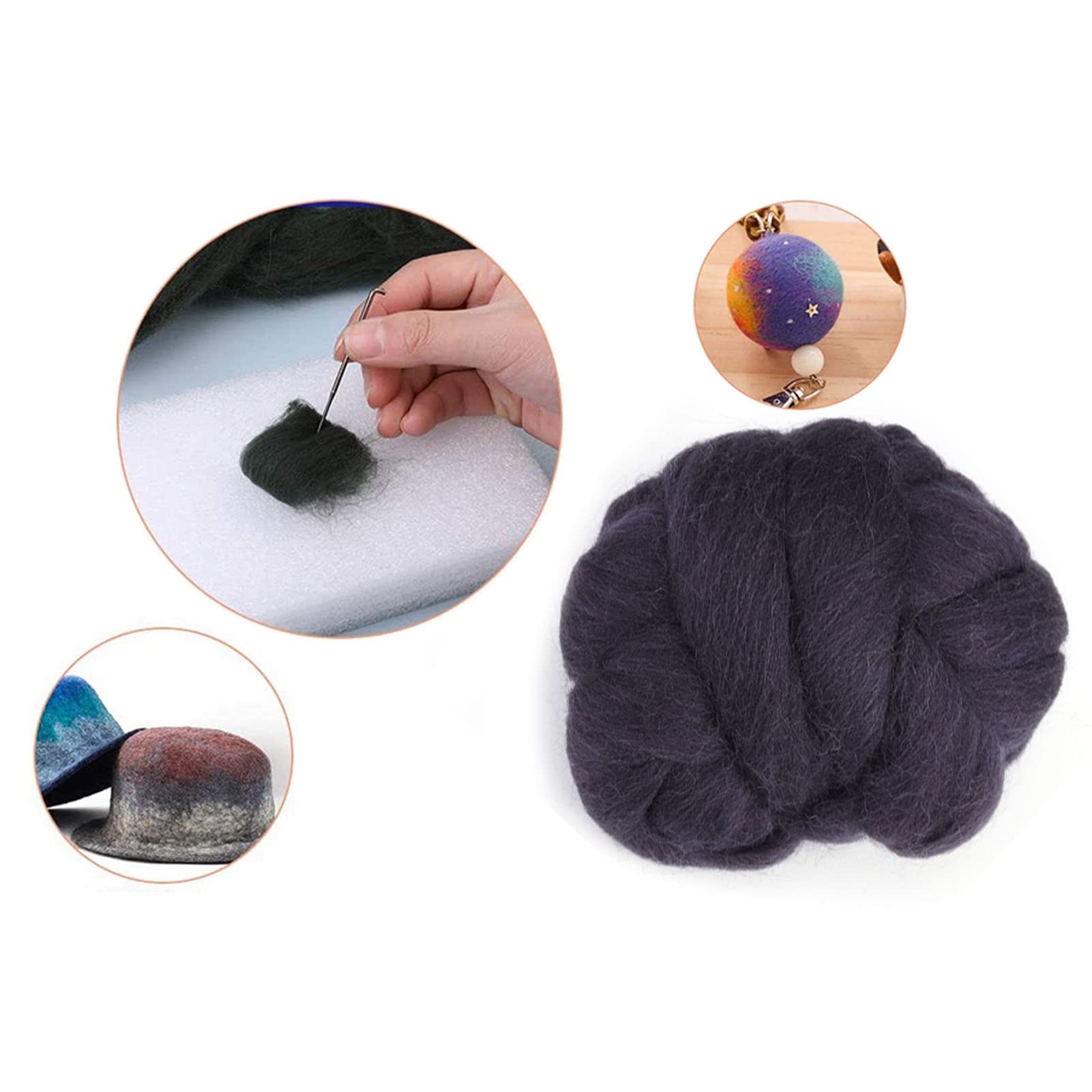Craft Materials Needle Felting Wool Roving Yarn Roving Kit & Easy to Use] (47-Black)