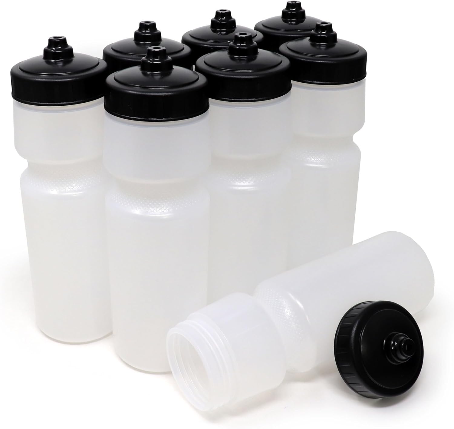 Rolling Sands USA Made 24 oz Sports Squeeze Water Bottles, 8 Pack, BPA-Free, Easy Drink One Way Flow Valve, Fits Most Bike Cages, Dishwasher Safe, Durable, Reusable and Lightweight, Clear Frost