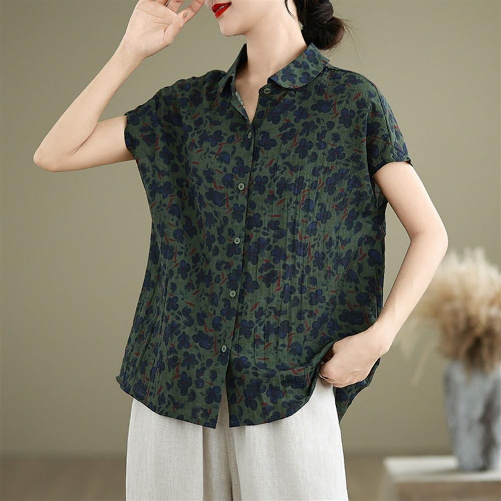 Tops Da Donna In Lino Di Cotone Ultra Sottile Con Stampa Floreale Retrò Camicia Abbottonata A Maniche Corte Con Risvolto Camicetta Comfort Estiva