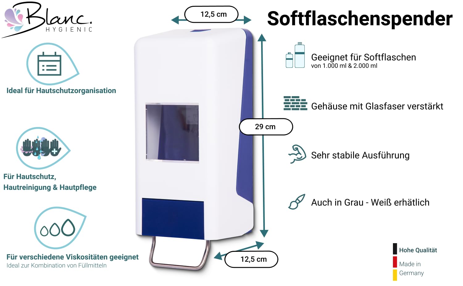 Softflaschenspender 1–2 Liter Weiß-Blau | Für 1- & 2-Liter-Softflaschen, Dosierung einstellbar, glasfaserverstärkt & robust