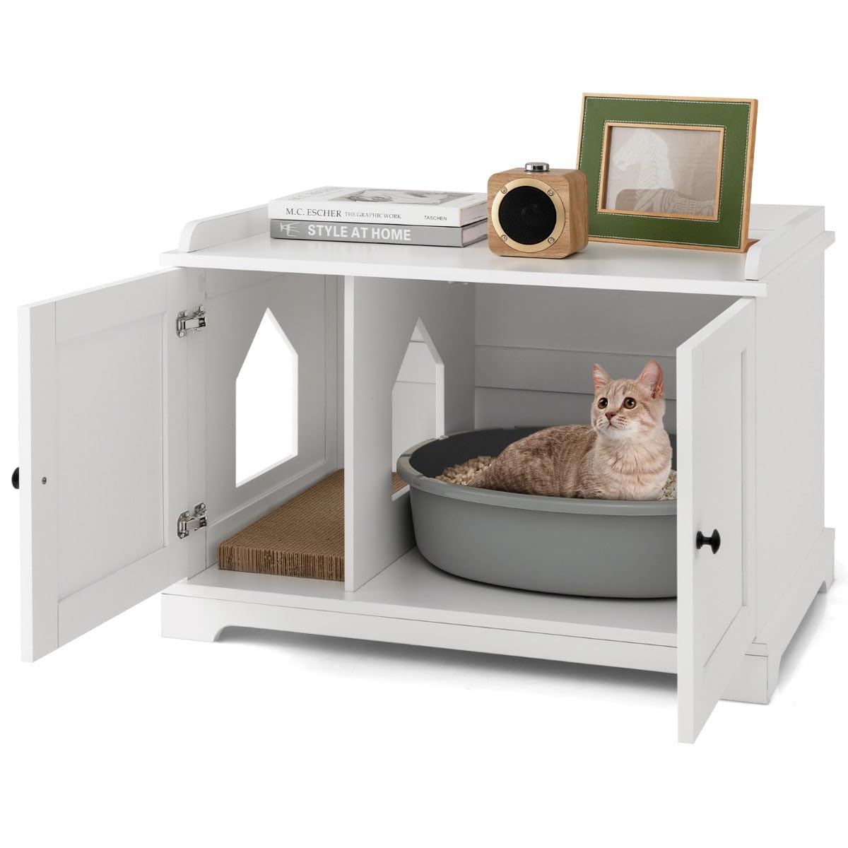 20_0012645 Katzentoilette 75 x 51 x 53 cm mit Kratzbrett und verstellbarem Eingang Moderner Stil MDF weiß