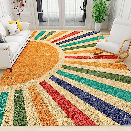 TEMLAN Colorful Boho Rainbow Area Rug Vintage Abstract Art Washable Floor Carpet, Soft and Plush Mats for Living Room Bedroom 120 x 180 cm