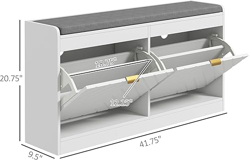 Miniatura 3 de HOMCOM Banco de zapatos, banco de entrada con 2 cajones abatibles, cojín de asiento y 2 rejillas de ventilación para 8 pares de zapatos para
