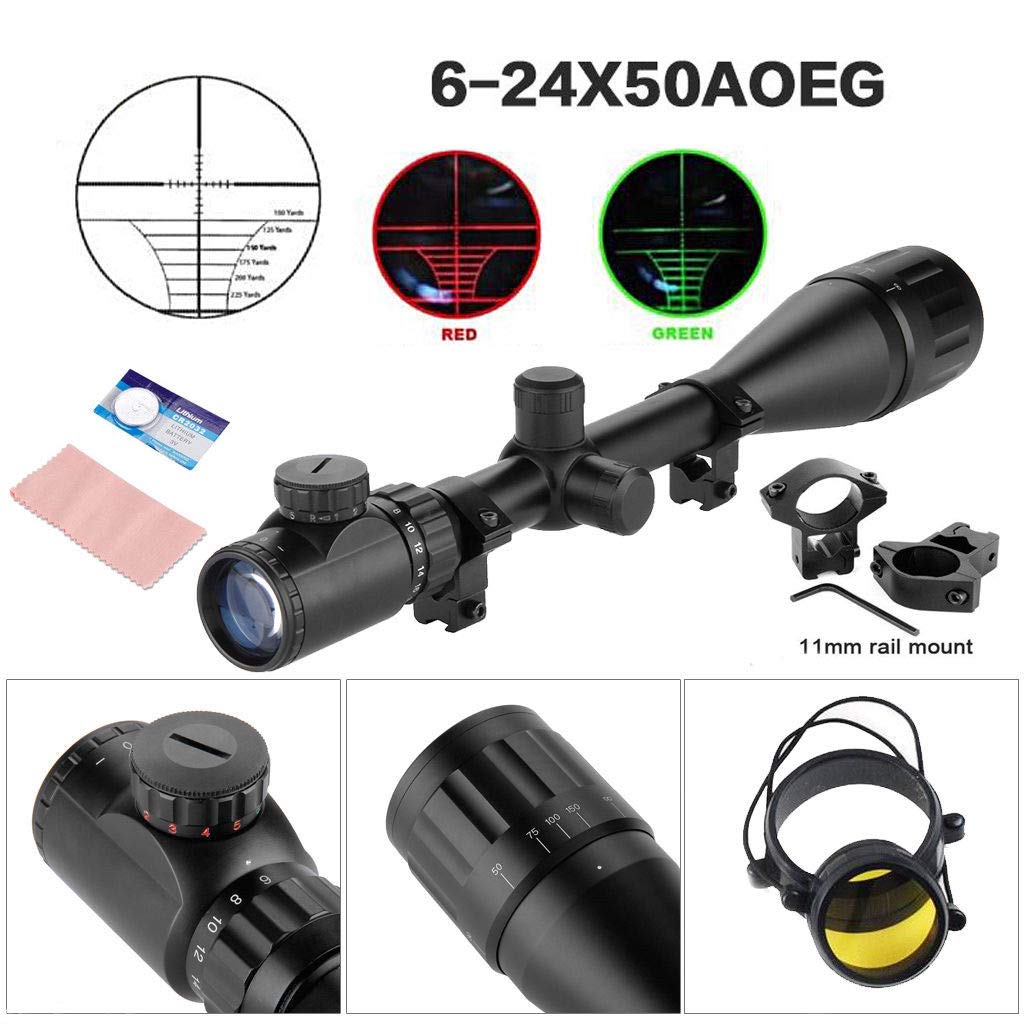 Aufun Lunette 6-24x50AOEG Réticule Mil-Dot Anti-buée Points de Visée Rouges Verts 11mm Montures Chasse Sport Tactique