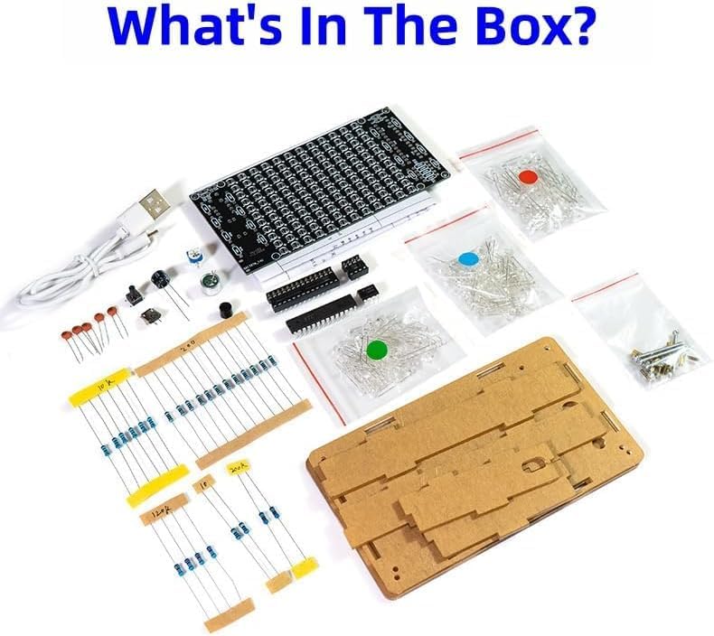 Contents of the MUXWELL DIY Music Spectrum LED Light Kit, including PCB, various electronic components, acrylic enclosure parts, and a USB cable.