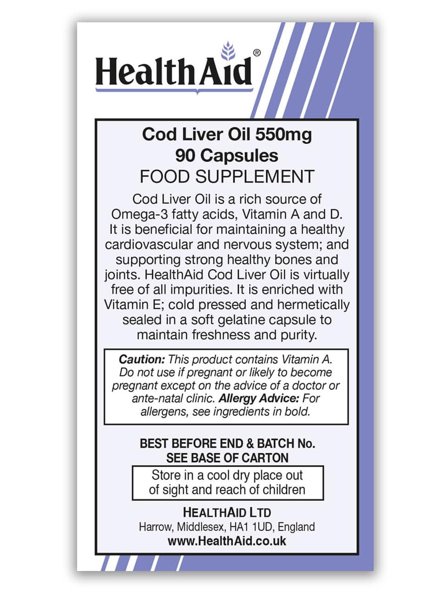 Health Aid Cod Liver Oil 550mg, 90 Caps