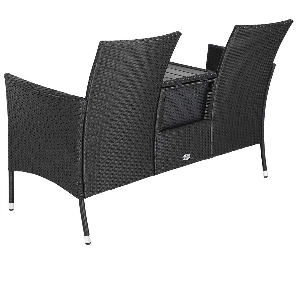 Casaria® Panchina da Giardino Poly Rattan 143x64x88cm Tavolino Portaoggetti Salottino Outdoor Balcone Terrazza 2 posti