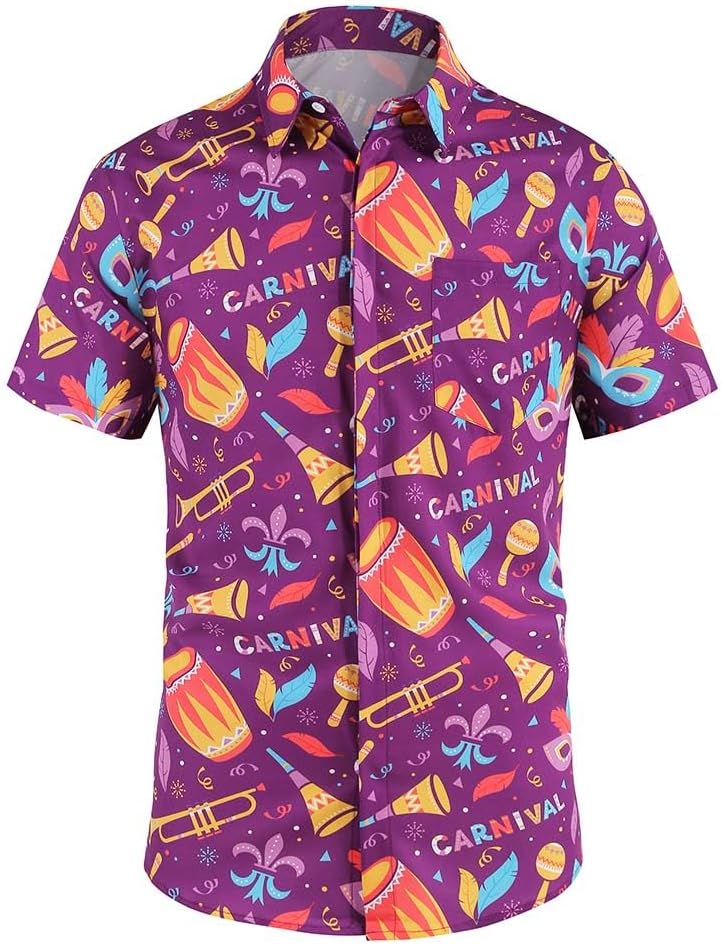 yolsun Mardi Gras Shirt for Men Beads Short Sleeve Casual Button Down Shirt Hawaiian Beach Party (Purple Red Mask, Medium)
