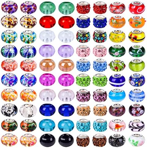 AIPRIDY 100 PCS Assorted European Beads with Copper Core Big Hole Glass Spacer No Copper Core Lampwork Colorful Beads Rhinestone Craft Beads for DIY Charm Bracelet Jewelry Making (Patterns by Hand)