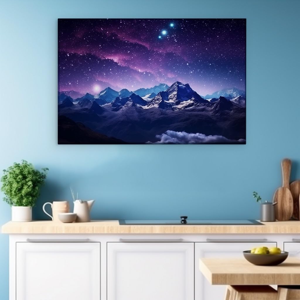 Canvas for Living room. Starry Serenity Above Snowy Summits The Sublime Dance of Dusk and Dawn in the Wilderness Enigmatic Beauty of Night Blanketing Mountain, 27 x 18 inch Canvas Wall Art