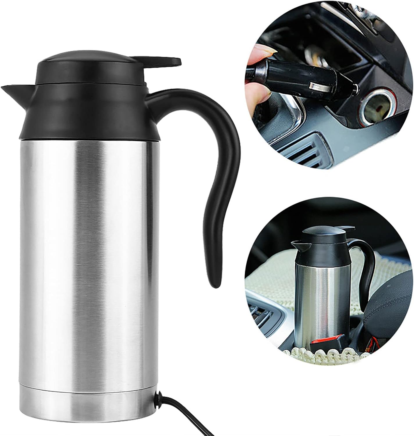 Electric Car Water Heater, Portable Road Trip Travel Heating Cup, 750ml 12V Car Electric Kettle, Stainless Steel Cigarette Lighter Heating Kettle Mug Electric Travel Thermoses