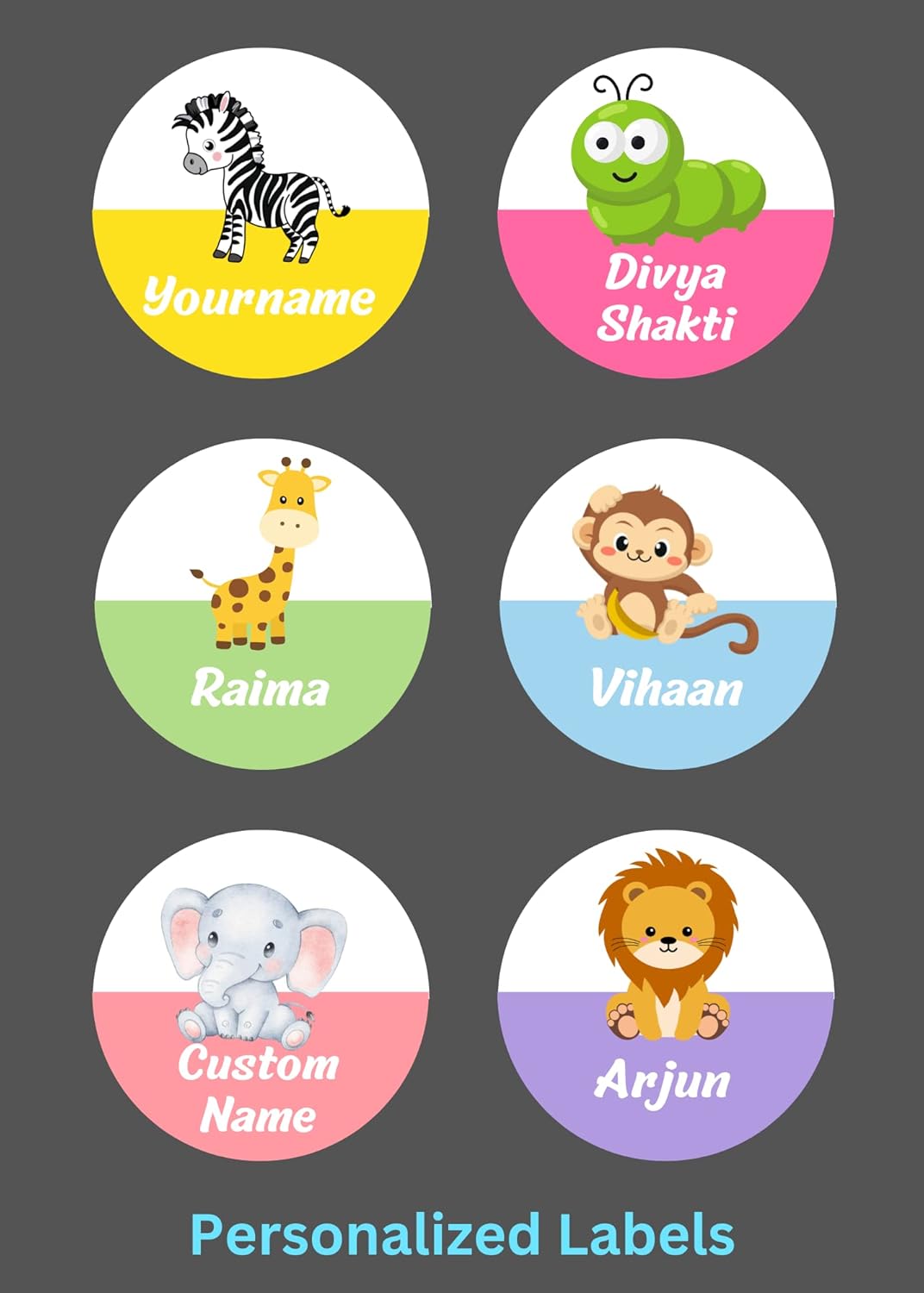 Yellow Nuts Custom Name Tags Labels Sticker 40 Pcs Kids Cartoon Jungle School Notebooks Water Bottle Laptop Waterproof Stickers (Animals)