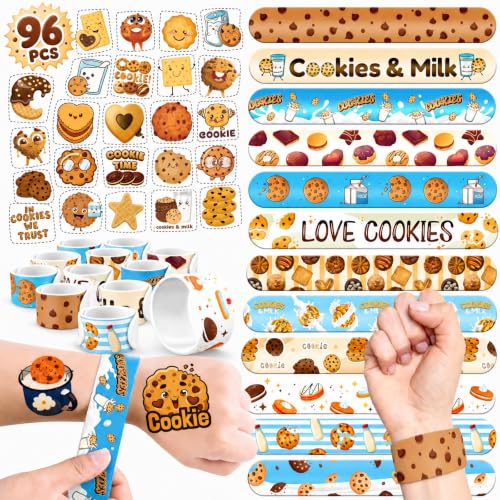 BOIKOKY 96 PCS Cookie Party Favors Set - 72 Temporary Tattoos & 24 Slap Bracelets for Kids, Perfect for Cookie-Themed Birthday Supplies, Baby Shower and Sweet Party Decorations
