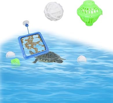 Turtle Aquarium Accessories, Tortoise Habitat Set with 1 Feeding Ring with Suction Cup 4 Nitrifying Balls and 4 Feeding Ball, Toys for Aquatic Turtles, Turtle Supplies