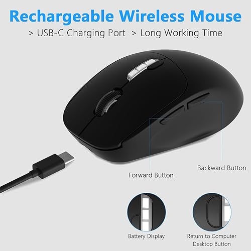 Miniatura 5 de ZXA Mouse inalámbrico para laptop, mouse ergonómico de 2.4 G con receptor USB y adaptador USB C, recargable para PC, tableta, laptop, Chromebook -