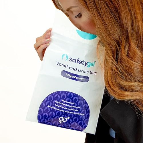 SafetyGel Vomit and Urine Absorbing Bag, 1000ml Capacity, Fast-Acting Gel, Adhesive Strip, Grip Seal (10)