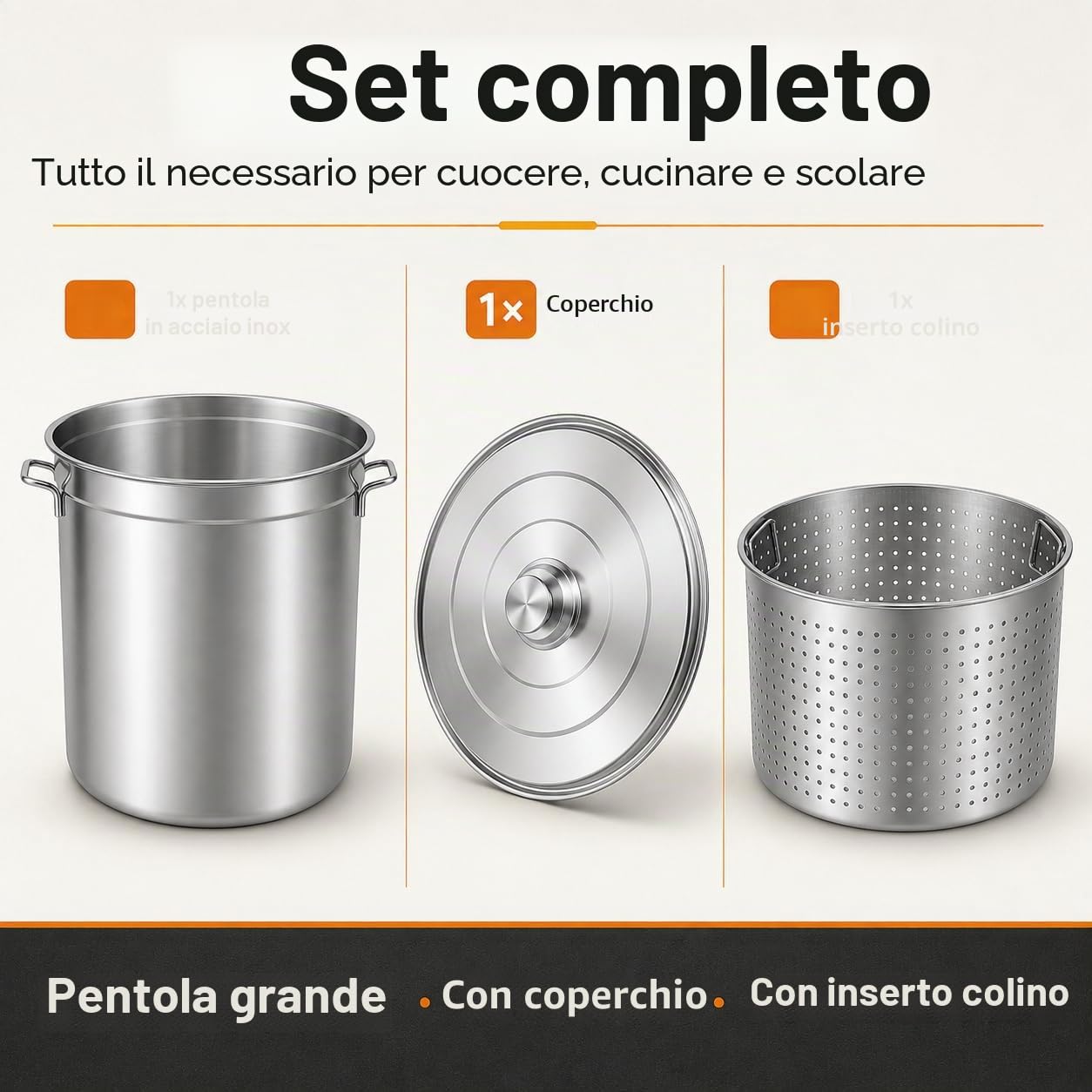 Pentola da 100 l, con coperchio e cesto, in acciaio inox, con cestello