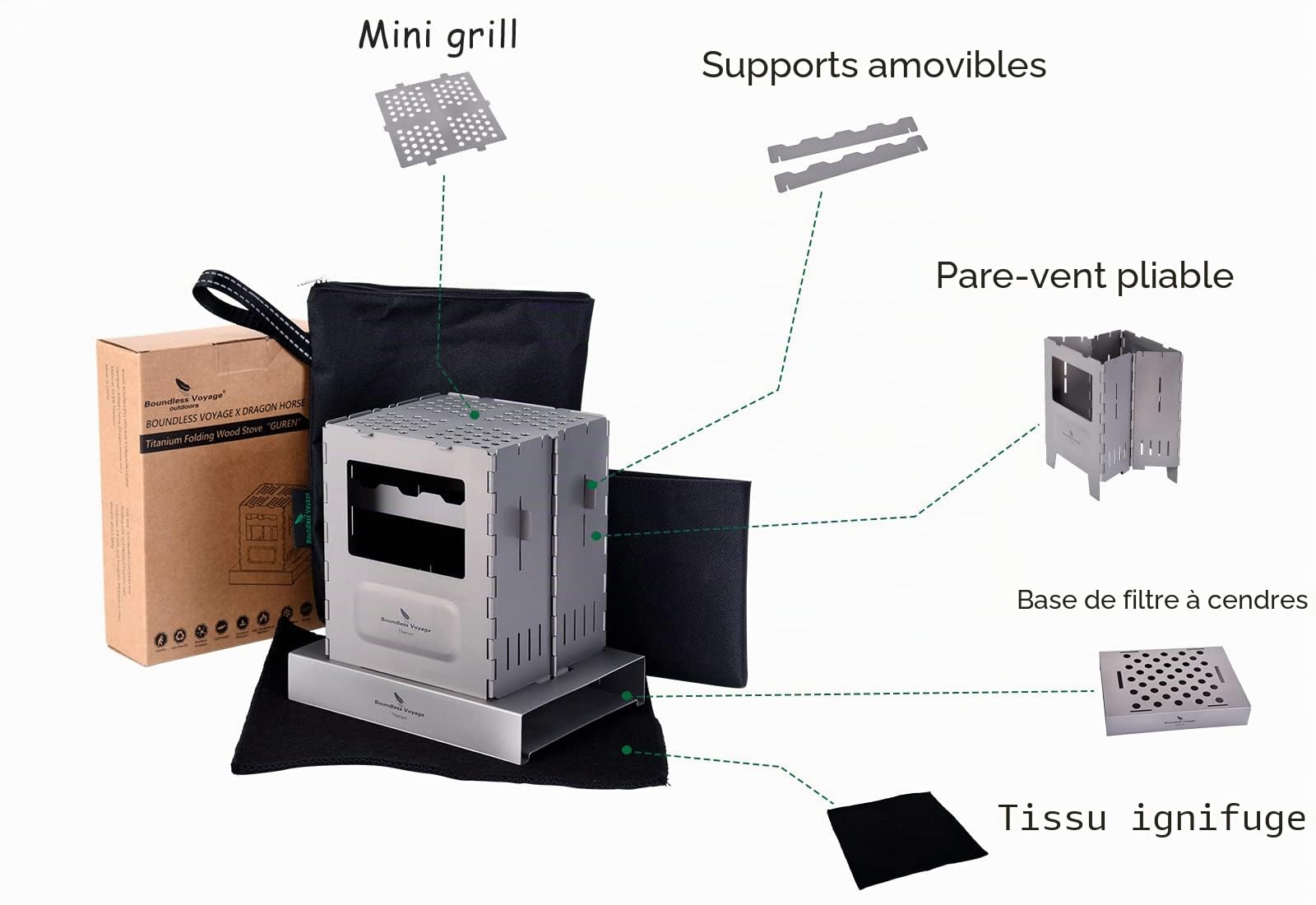 iBasingo Réchaud à bois en titane avec support de casserole, brûleur à charbon de bois, chauffage à alcool portable type carte de randonnée intégré four multifcombustible léger grill batterie de