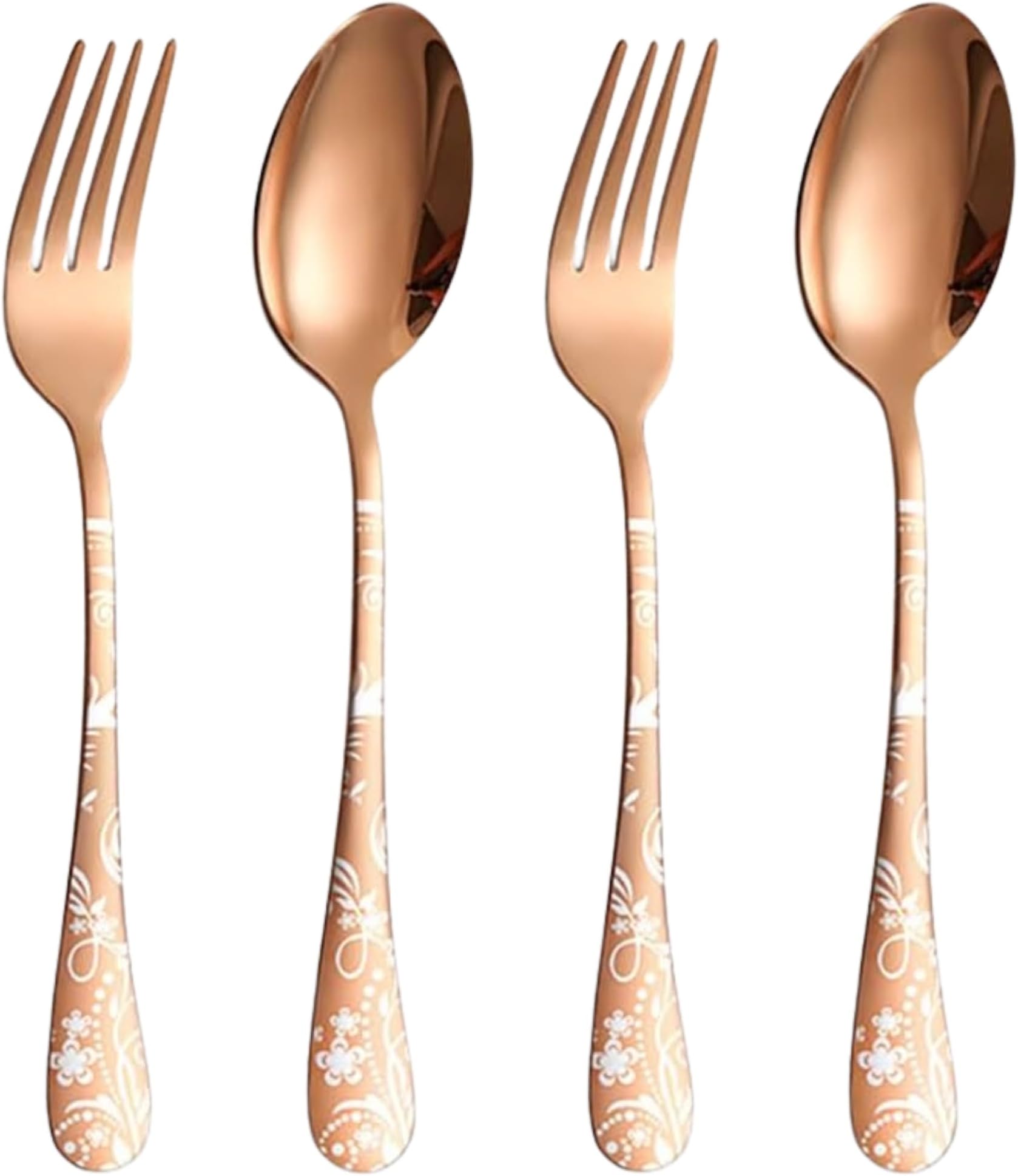 4-Piece Cutlery Set with Floral Printed Handle | 2 Tablespoons & 2 Dinner Forks (8.1") | Durable Stainless Steel Tableware for Home, Restaurants, and Gift Giving (Rosegold)