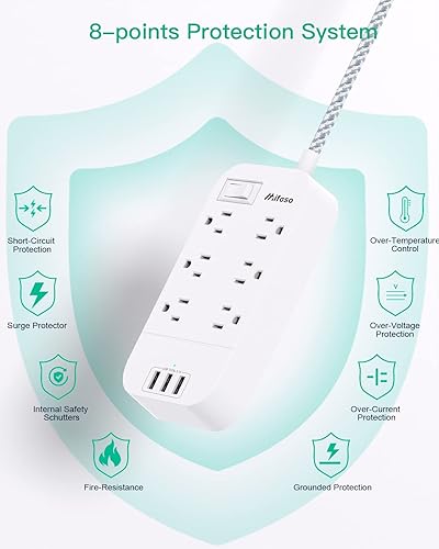 Miniatura 6 de Regleta de alimentación plana  Cable de extensión de enchufe de 5 pies, 6 tomacorrientes, 3 puertos USB, extensor de salida con protección contra