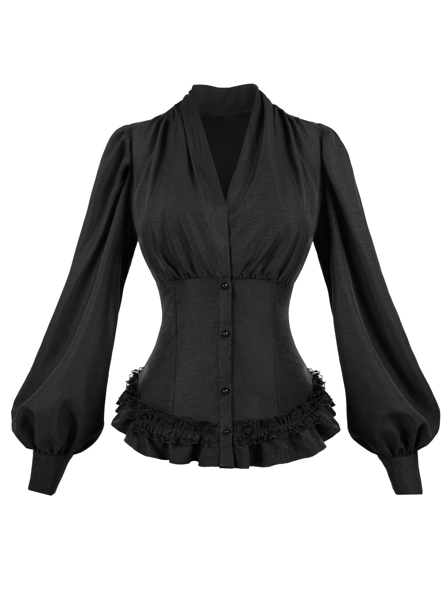 Camicetta vittoriana da donna con volant, a maniche lunghe, con lacci, stile gotico, colore nero