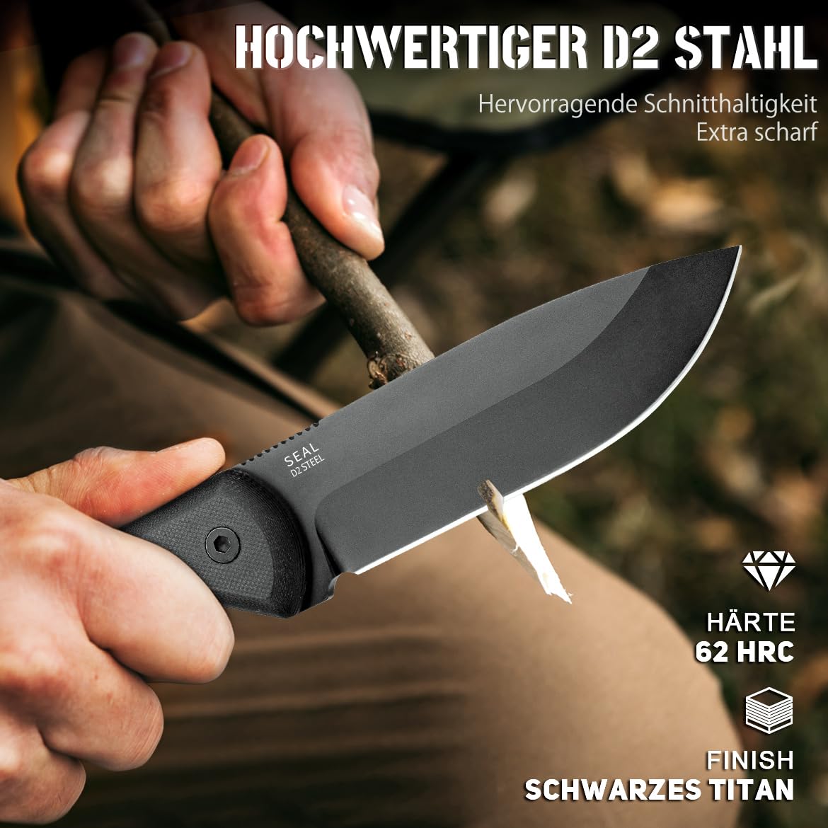 NedFoss SEAL BK nóż outdoorowy o stałej klindze, 10,5 cm, stal D2, nóż survivalowy Full Tang z krzesiwem 10 cm i ostrzałką, nóż Bushcraft z uchwytem G10 i kaburą Kydex, nóż myśliwski, nóż wędkarski