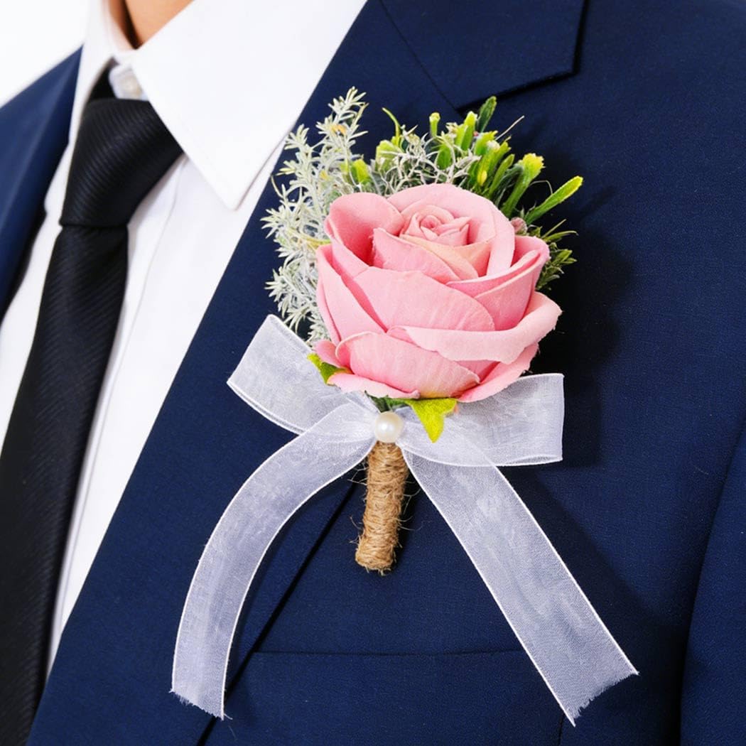 Wedding Rose Boutonniere Pink Groom Flower Men's Boutineer Prom Buttonholes Party Suit Decor Anniversary Accessories for Bridegroom and Man image 2