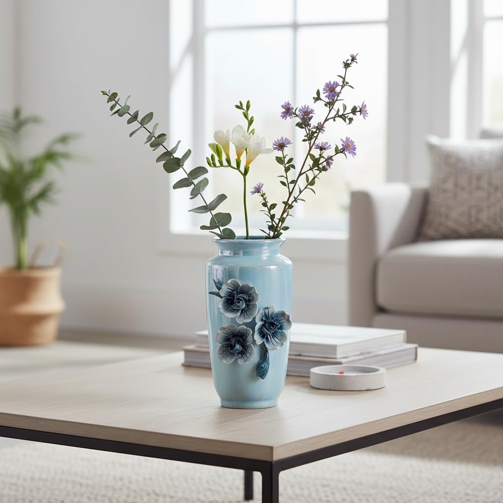 Blue Ceramic Vase 7 Inch - Small Decorative Vase with Floral Pattern, Ideal for Coastal & Modern Home Decor, Bathroom and Shelf Accent