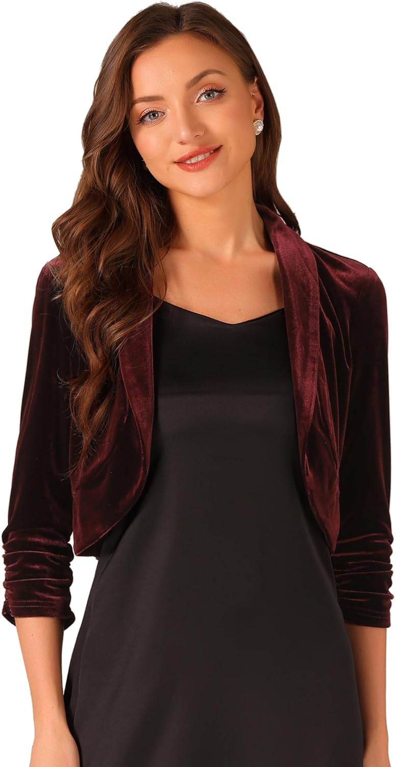 Allegra K 3/4 Sleeve Velvet Shrug for Women's Open Front Bolero Cropped Cardigan Top