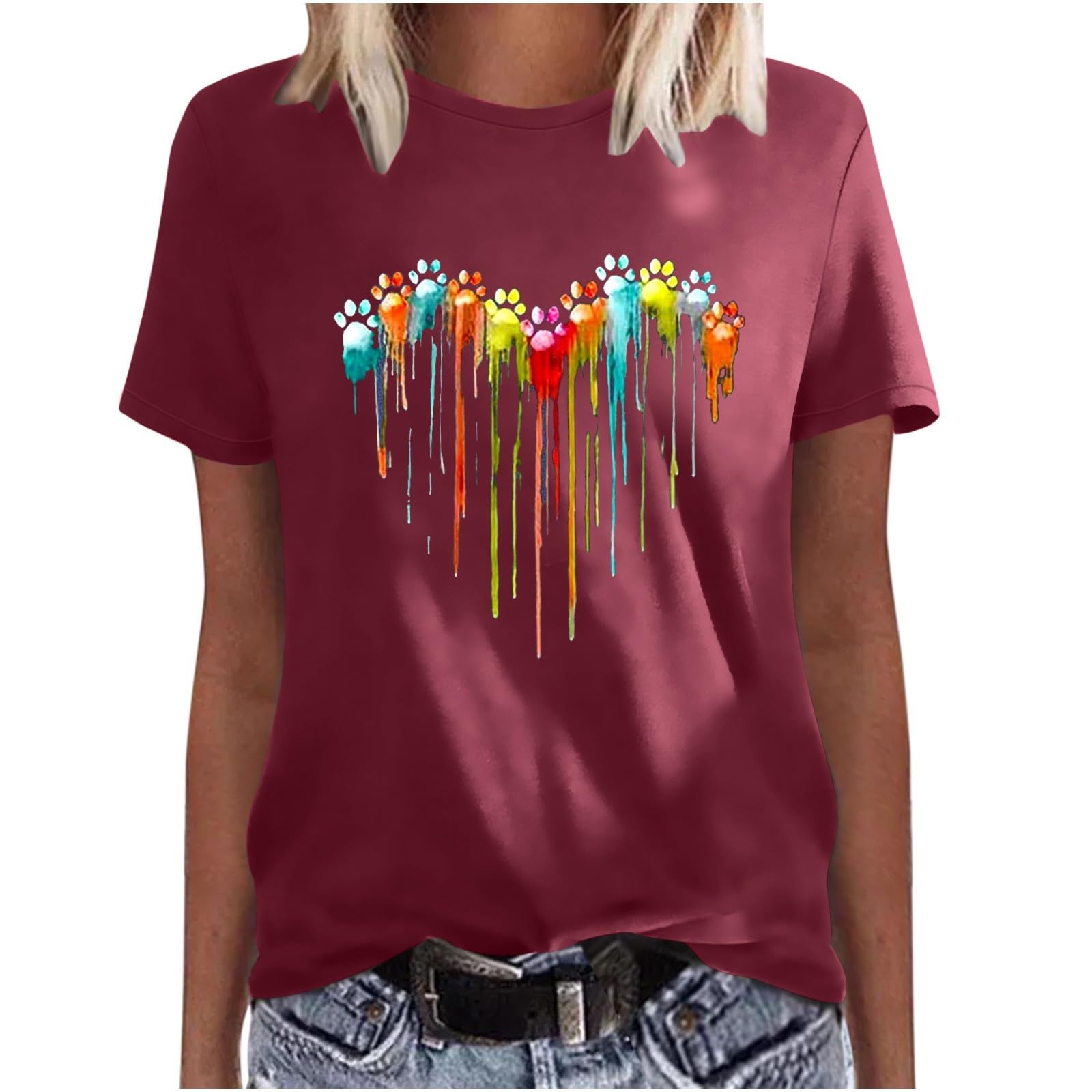 Dog Lover Summer Tops for Women Casual Colorful Dog Paw Graphic Crew Neck Short Sleeve T-Shirts Blouses Animal Lover Tshirts UK Clothes