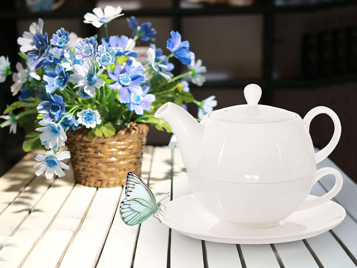 Tea for One mit Sieb Lena 500ml aus Crystal Bone China Porzellan in weiß. Teekanne + Teetasse + Untersetzer + Sieb + Abtropfschale