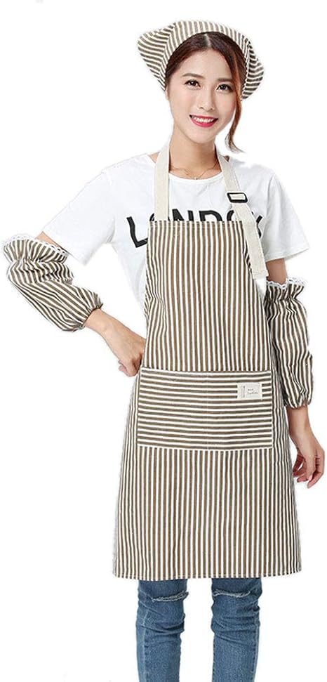 Amazon レディース エプロン 三角巾 2点セット シンプルエプロン 女性用 保育士 ブラウン ストライプ エプロン オンライン通販