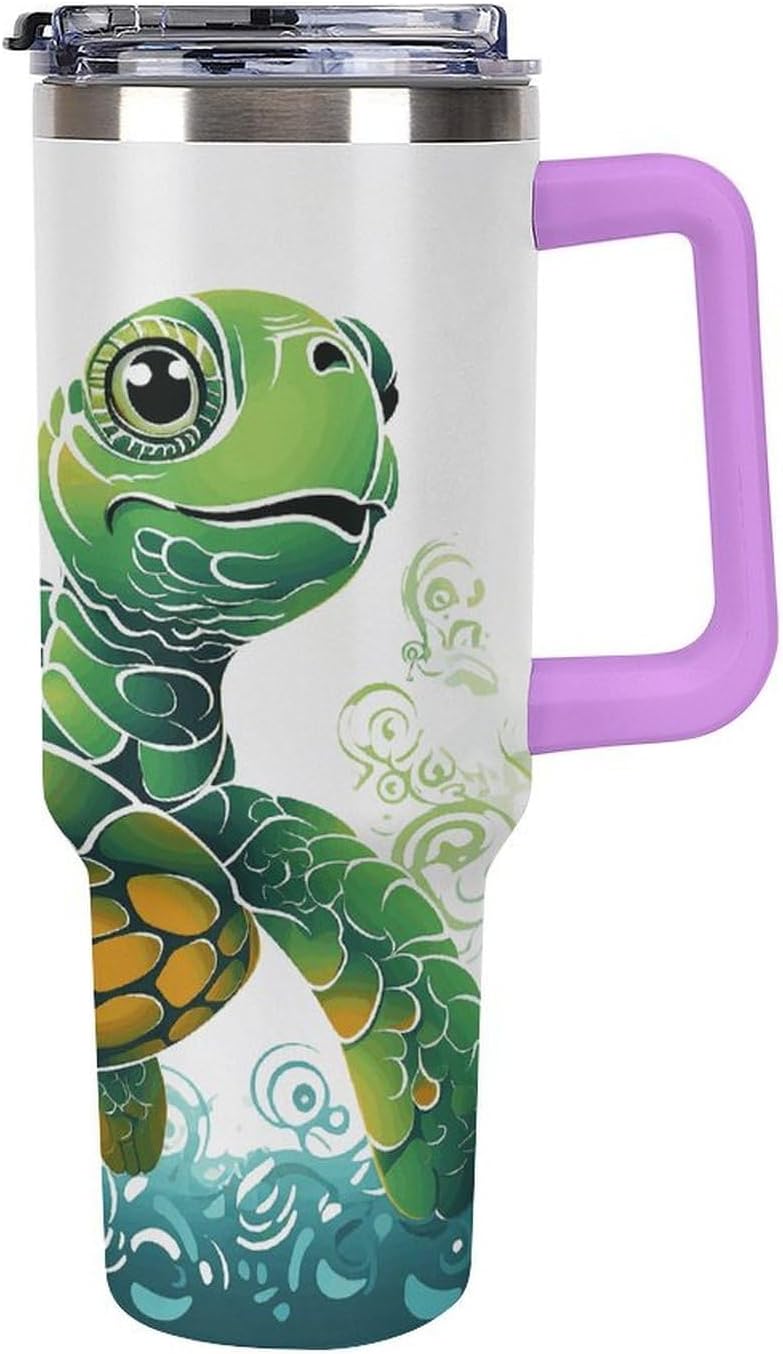 Cartoon Turtle Pattern Travel Coffee Mug Reusable Durable Stainless Steel Insulated Tumbler with Handle And Straw Leak Resistant Portable Thermal Cup Gifts for Men Women 40 Oz