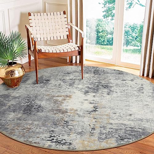 Lahome Modern Abstract Round Rug - 6Ft Gray Circle Rugs for Living Room Soft Dining Room Rugs for Under Table, Machine Washable Bedroom Mat Non Slip Large Carpet for Office Kitchen Entrance