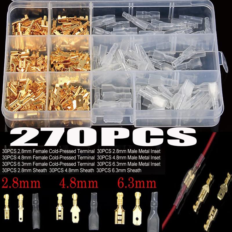 Kit assortimento di 270 connettori maschio e femmina isolati da 2,8/4,8/6,3 mm per terminali a crimpare elettrici.