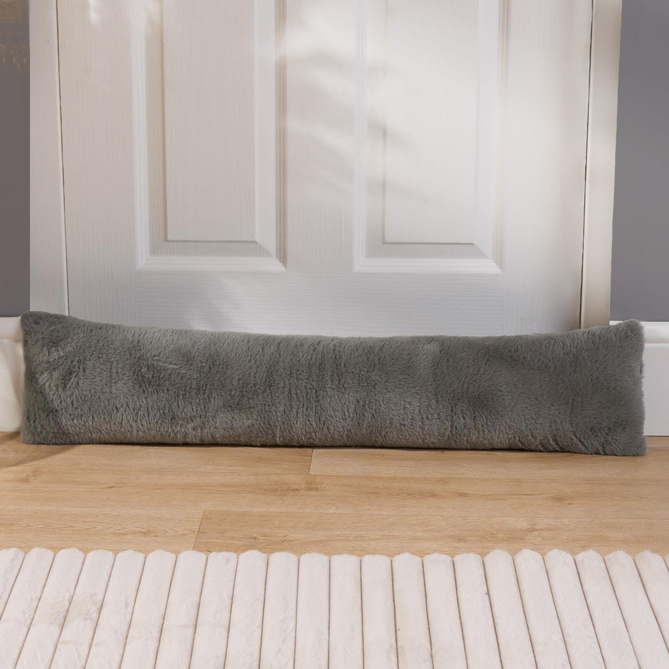 OHS Draught Excluders for Doors Faux Fur, Soft Fluffy Door Draft Excluder Cushion Decorative Door Stopper Cold Air Wind Blocker Living Rooms Bedroom Kitchens, Grey 90 x 20cm