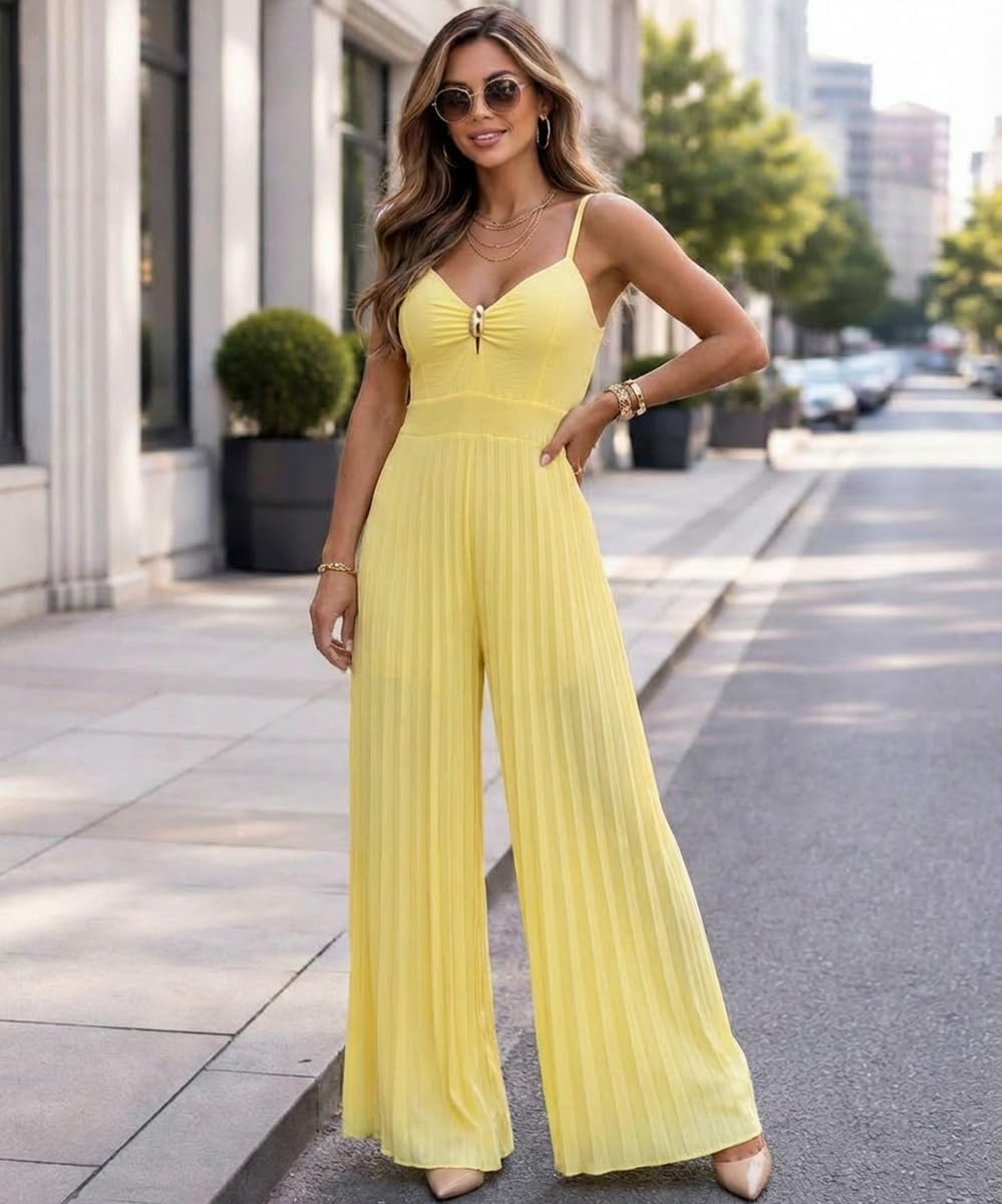 CHICME Women 2026 Sleeveless Deep V Sling Jumpsuit High Waist Pleated Jumpsuit Casual Beach Party Outfit with Lining - Image 6
