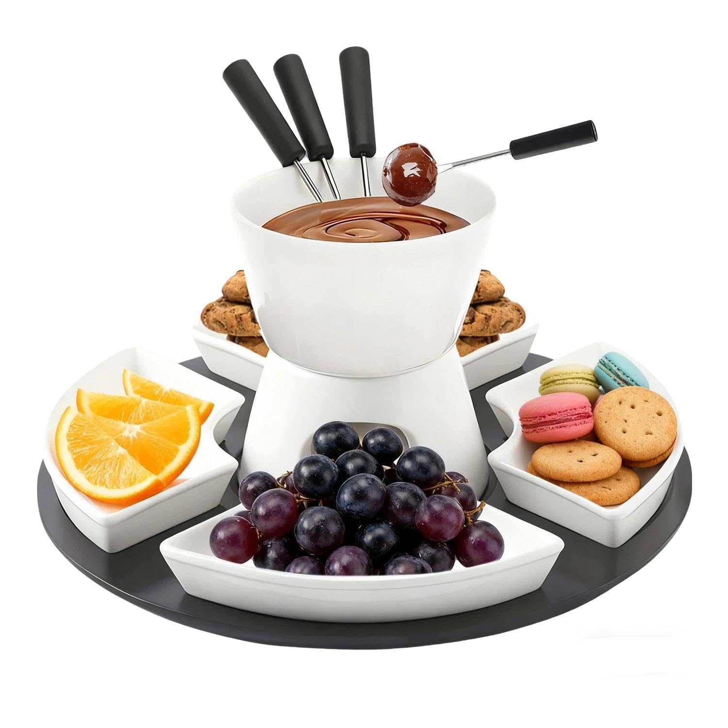 Keramik Schokofondue Set, 300ML Schokoladenfondue mit 4 Keramiktellern und 4 Gabeln, für Käse Fondue Familienessen Nachtisch Picknicks, Weiß