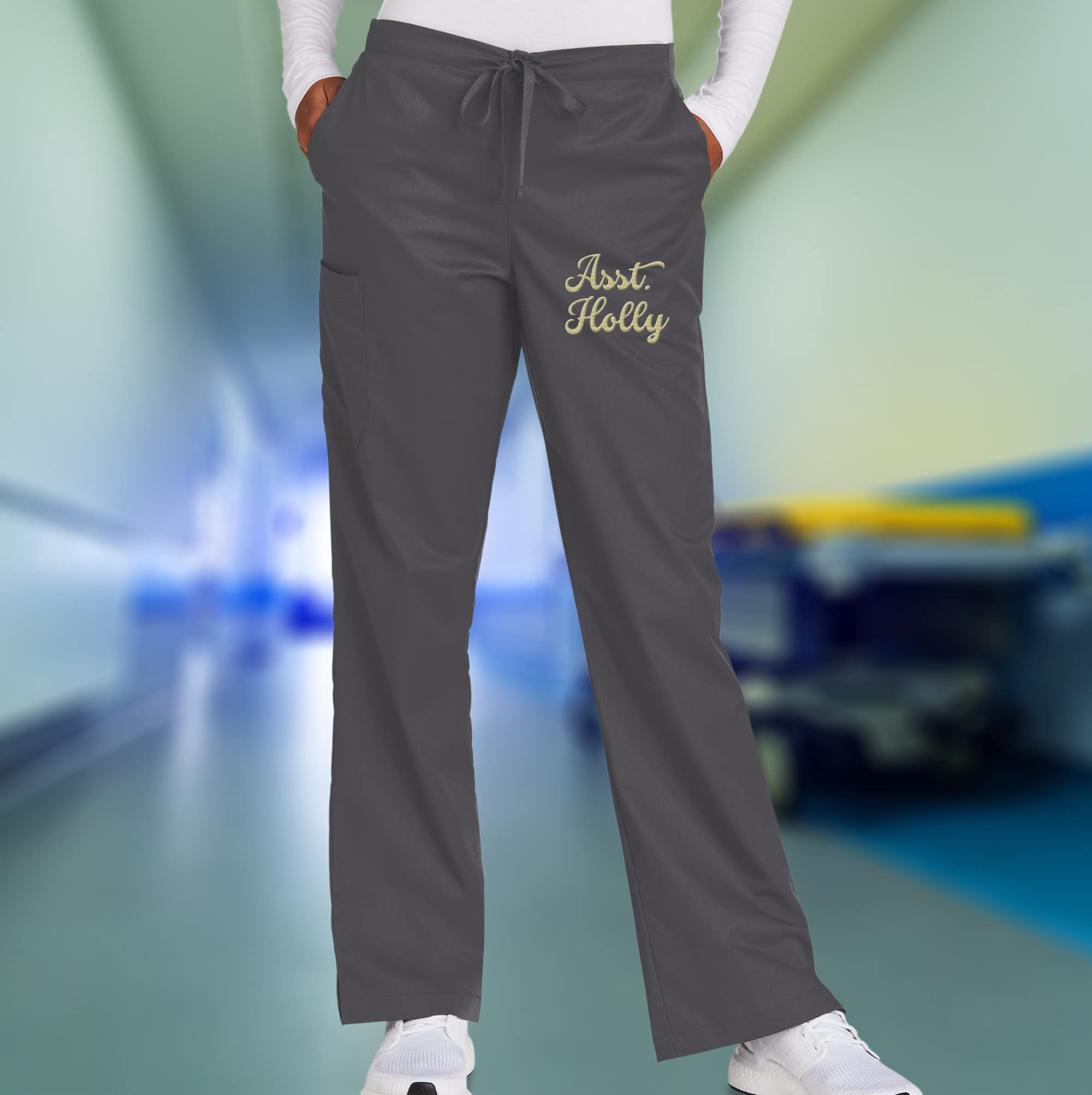 Custom Emroidered Flare Leg Scrub Pant Add Your Embroidery Text Name Women's Cargo Pant Pewter
